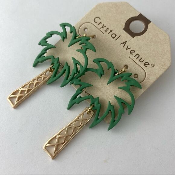 2/$30 Crystal Avenue Green Palm Tree Dangle Earrings Cutout Tropical Fish Hook - Picture 2 of 3